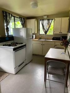 哈纳Hana Maui Vacation Rentals "HOME" Hana Hale的厨房配有炉灶、冰箱和桌子
