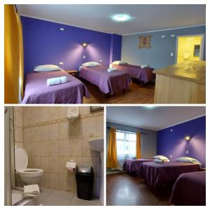 纳塔列斯港Hostal La Base的两张照片,一间设有两张床和一间浴室的房间