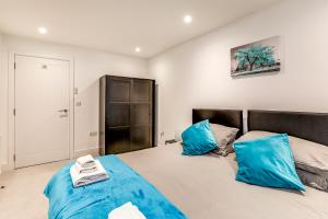 坎特伯雷Exceptionally Spacious Central Canterbury Home的一间卧室配有两张带蓝色枕头的床