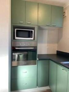 但尼丁Waverley Comfort的一间厨房,配有绿色的橱柜和微波炉