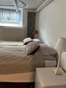 布罗斯Independent apartment in Borås的一间卧室配有床、灯和窗户