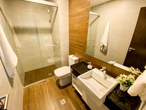 圣克鲁斯Departamento Elegante y Relax by Torre Vento的一间带水槽、卫生间和镜子的浴室