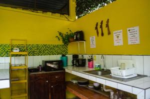 奎波斯城The Jungle Container的厨房设有黄色的墙壁和带水槽的台面