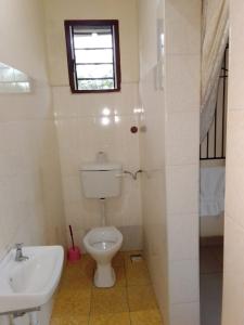 蒙巴萨Cingaki Hotel的一间带卫生间、水槽和窗户的浴室