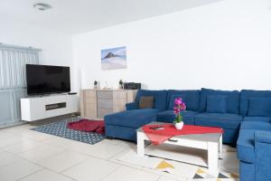 MamoudzouBelle demeure spacieuse 2的客厅配有蓝色的沙发和电视