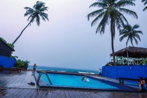 希克杜沃Hotel Wewala Beach的毗邻大海的棕榈树游泳池