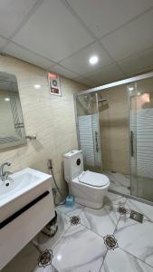 瓦迪拉姆Wadi rum camp的浴室配有卫生间、盥洗盆和淋浴。