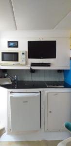 塔曼达雷Barco 45 pés - 12 pessoas的一间带2台冰箱和1台微波炉的厨房以及1台电视