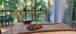 弗洛里亚努元帅镇TreeHouse Seu Paraíso nas Montanhas的客房设有桌子和大窗户。