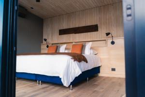 图蓬加托火山Andeluna Winery Lodge的一间卧室配有带橙色和白色枕头的床
