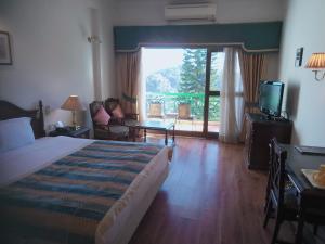 卡绍利Kasauli Resort by Piccadily的酒店客房,设有床和滑动玻璃门