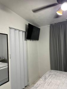 TamiamiCharming 2-Room Oasis - Miami的一间卧室设有一张床,天花板上配有电视。