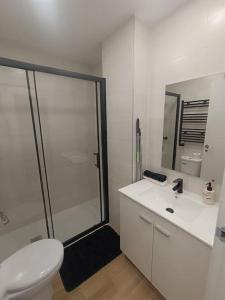 马德里Encantador apartamento completo con dos habitaciones的带淋浴、卫生间和盥洗盆的浴室