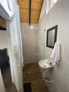 蒙圭Hospedaje - Cabañas villa rosita的白色的浴室设有水槽和镜子