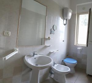 维耶斯泰Azienda Agricola Gentile - la casa degli ulivi的一间带水槽、卫生间和镜子的浴室