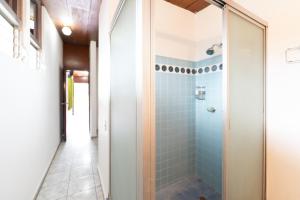 圣萨尔瓦多Volcano Hostal y Restaurante的浴室设有蓝色瓷砖淋浴。