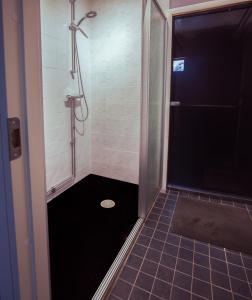 帕亚拉SBC Guest House的带淋浴的浴室,铺有瓷砖地板。