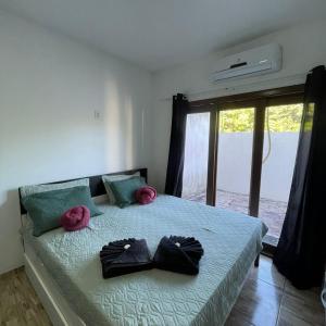 日若卡-迪热里科阿科阿拉Pousada Casa Paraiso的一间卧室配有带粉红色枕头的床。