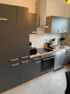 奥伯豪森Paris3的厨房配有不锈钢用具和棕色橱柜