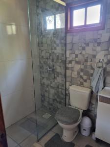 Bella UniónCabañas Jardines的一间带卫生间和玻璃淋浴间的浴室
