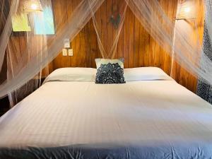 埃斯孔迪多港Blue House的一间卧室配有一张带木墙的大床
