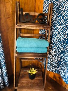 埃斯孔迪多港Blue House的一张带蓝色毛巾和植物的木椅