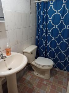 博尔坎Don Chacon Fest的浴室设有卫生间、水槽和淋浴帘