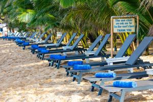 富国海之星度假酒店的海滩上一排蓝色的躺椅