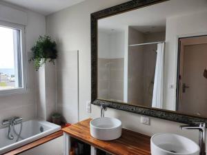 波尔尼谢Maison Vue Mer的一间带水槽和大镜子的浴室