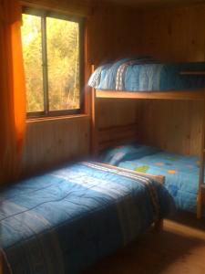 Termas De HuifeCabañas Rio Liucura的一间卧室设有两张双层床和一扇窗户。