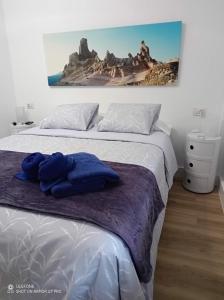 厄尔梅达诺Médano Dreams的一间卧室配有一张带蓝色枕头的床。
