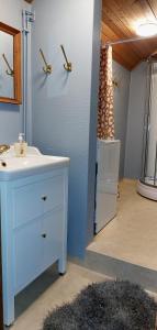 马隆Vargheden Bed & Breakfast的一间带蓝色橱柜和水槽的浴室