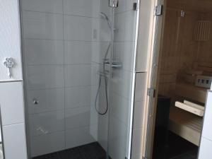 布特亚丁根Nordseehus-HYGGE的浴室里设有玻璃门淋浴