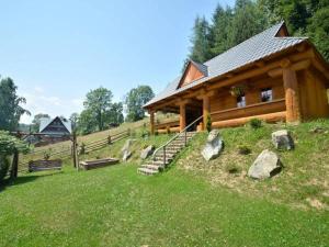 布泽吉Pokoje Gościnne Bożena Dunajczan的山丘上的木屋,山丘上有岩石,在草地上