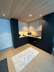列维Levi Aurora Sky的厨房配有黑色橱柜和白色地毯。