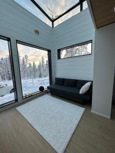列维Levi Aurora Sky的客厅设有蓝色的沙发和窗户。