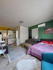 塞萨洛尼基Anastasia2 apartments的一间带紫色床的卧室和一间客厅