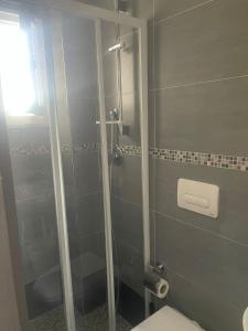 里米尼Hotel Tyc Soleti Hotels的浴室设有玻璃淋浴间和卫生间