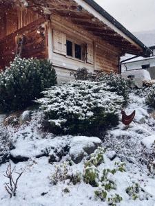 圣莫里斯堡Grand chalet à la montagne的房子前面的雪堆积的院子