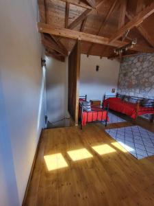 卡拉维塔Τα πέτρινα στο Σκεπαστό的客厅设有红色的沙发和木地板