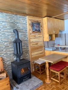 亚霍里纳科苏塔公寓的厨房配有燃木炉灶和桌子