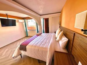 瓜纳华托Suites del Jardín Principal的一间卧室,卧室内配有一张大床