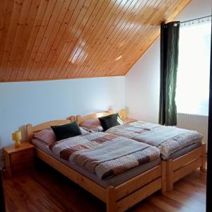 KamiennaAgroturystyka u Rysia的一间卧室设有一张带木制天花板的大床
