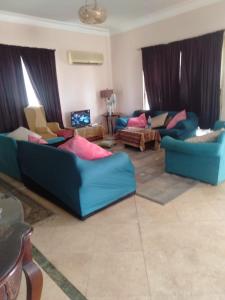 El-Qaṭṭaالريف الاوروبي的一间客厅,客厅内配有两张蓝色的沙发