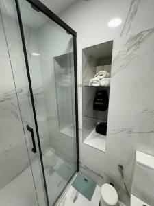 贝梅奥ISTUA - Etxie La Casa的一间带玻璃淋浴和卫生间的浴室