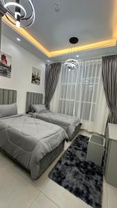 阿吉曼Luxury 2 bedroom new brand的一间带两张床的卧室和地毯