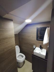 科恰班巴La Casona Hostel的浴室配有白色卫生间和盥洗盆。