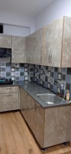 瑞诗凯诗Crescent Moon Homestay的厨房配有不锈钢盥洗盆和橱柜