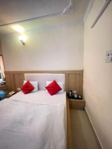 贾姆穆Hotel Himgiri Pakki Daki的卧室配有带红色枕头的白色床