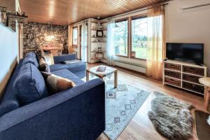 海斯勒霍尔姆Minnebo stuga的客厅配有蓝色的沙发和电视